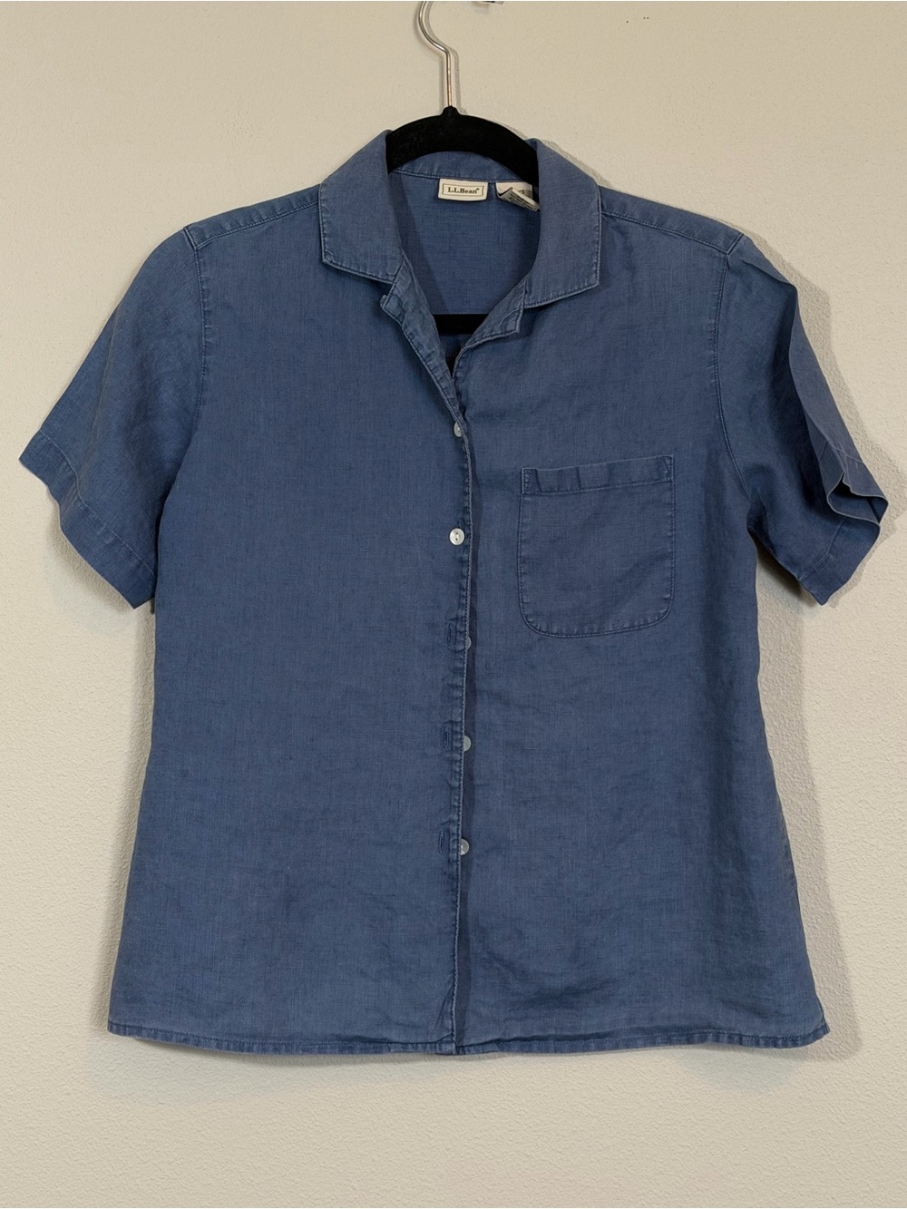 L.L. Bean Linen Indigo Blue Short-Sleeve Button-Front Shirt, Size XS